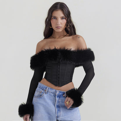 Otoño Invierno ropa Sexy Cuello de piel fuera del hombro corsé deshuesado manga larga corto ajustado Top ropa de mujer