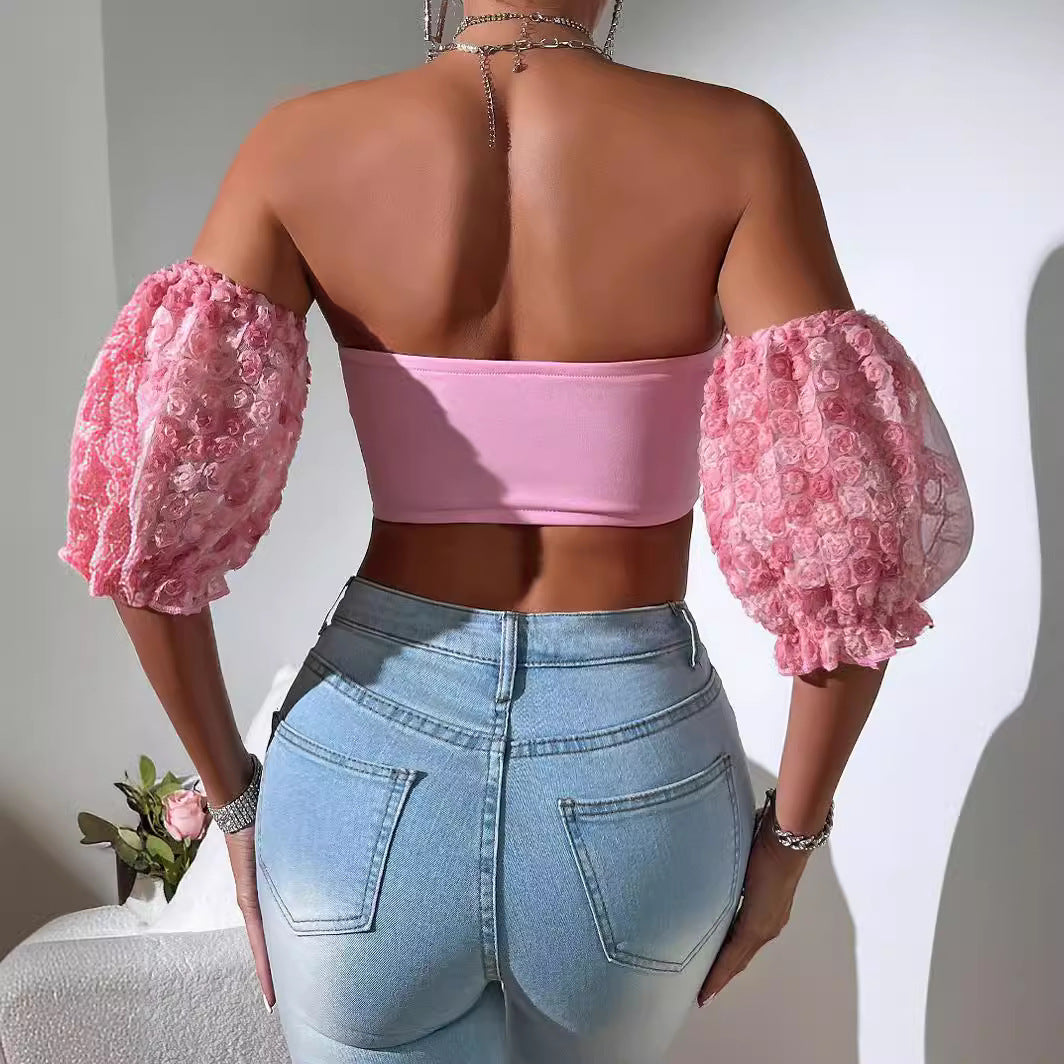 Sommer Sexy Prominente Frauen Kleidung Spezielle Dekoration weg von der Schulter Kurzarm Bestickte Weste Tube Top