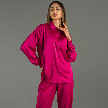 Traje de camisa de manga larga para mujer, pantalones holgados elegantes, traje de dos piezas de Color sólido para primavera y otoño