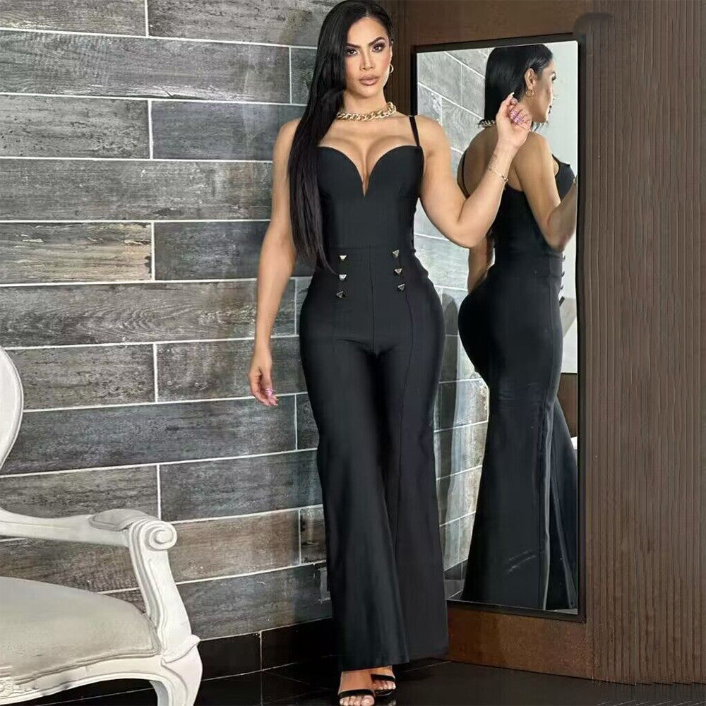 Sexy Women Jumpsuit Socialite V neck Brace Slim Fit Figure Flattering Jumpsuit