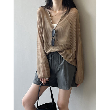 Sun Protection V Neck Sweater Blouse Women Summer Thin Slightly Transparent Hollow Out Cutout T Shirt Top