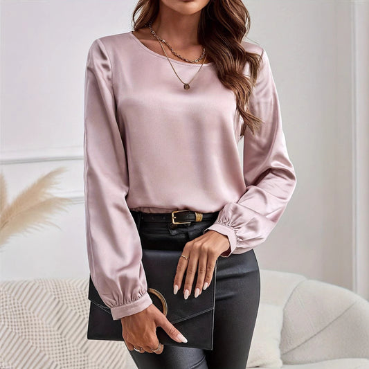 Women Clothing Spring Simple Solid Color round Neck Women Blouse Chiffon Shirt