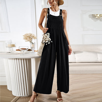 Solid Color Suspender Pants Women Summer Loose Wide Leg One Piece Trousers