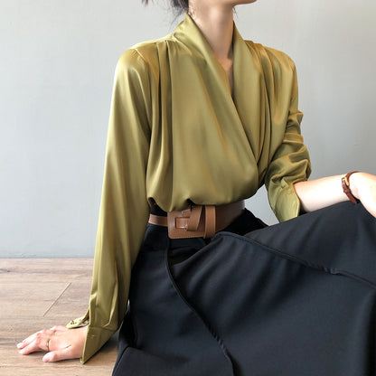 V-neck Shirt Women Spring French Elegant Drape Long Sleeve Shirt