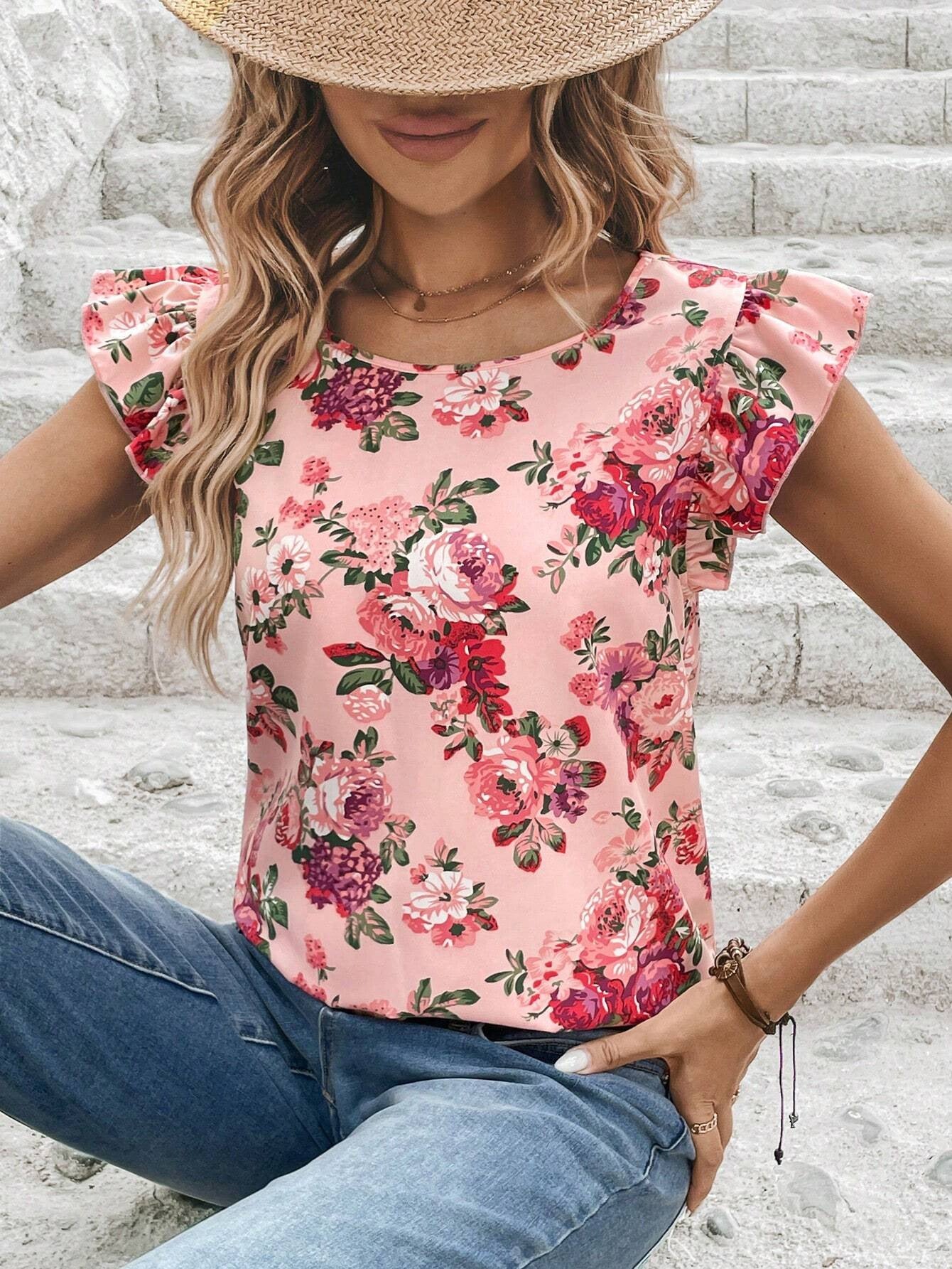 Women Clothing Summer Floral Print Short Sleeved Women Shirt