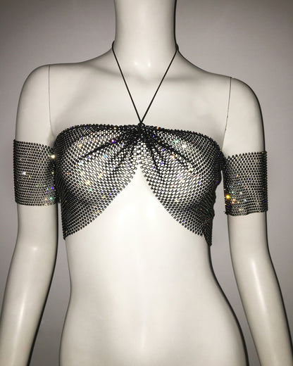 Ropa de mujer Top de rejilla con diamantes de imitación, ropa Sexy para Festival de Música, Top ajustado sin tirantes con diamantes de imitación picantes dulces