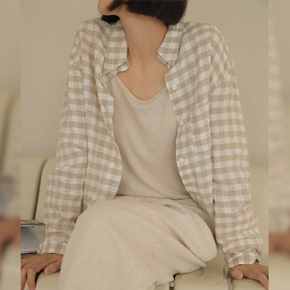 Retro Cotton Linen Plaid Pocket Shirt Early Autumn Lazy Wind Collared Long Sleeve Short All Match Casual Cardigan