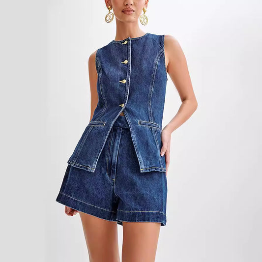 Summer Casual Sleeveless High Waist Women Denim Shorts Sets