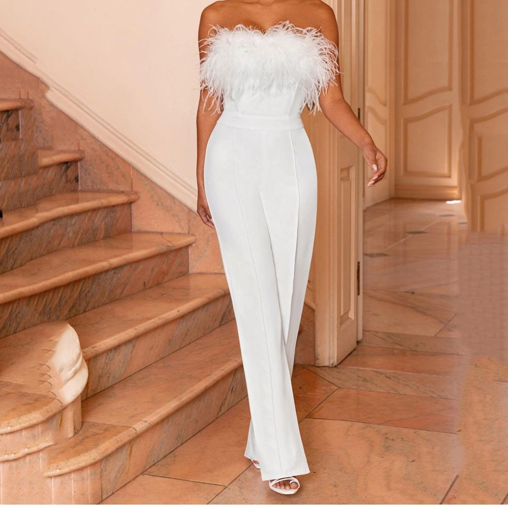 Frühling Sommer Damen Kleidung Feder Tube Top Einfarbig Off-Shoulder Backless Sexy Jumpsuit