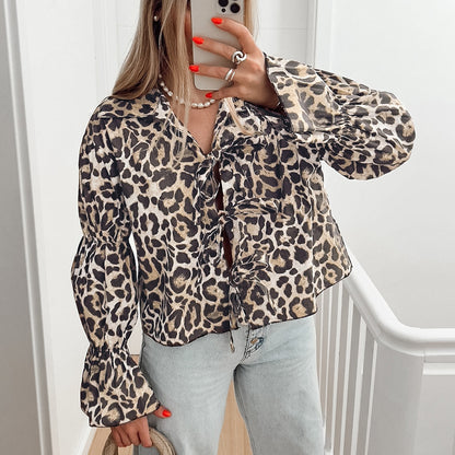 Camisa clásica de calle con estampado de leopardo y cuello atado, camisa holgada informal rusa de otoño, ropa para mujer