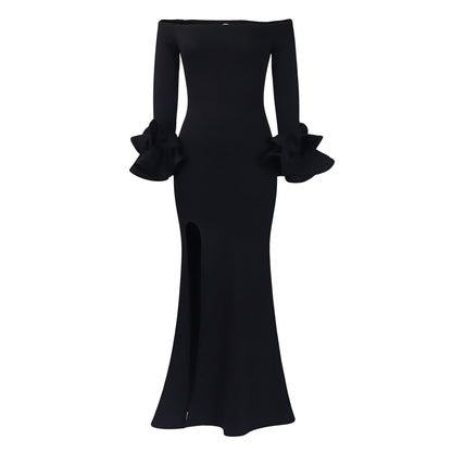 Party Dress Fashionable Elegant off Neck Split Ruffled Sleeve Cocktail Dress Maxi Dress