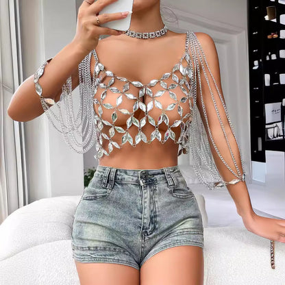 Sexy Nightclub Gem Vest Metal Chain Tassel Long Sleeve Top