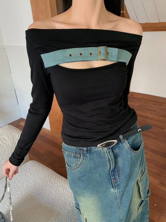 Stitching Denim Off The Shoulder High Elastic Knitted Slim T Shirt Top Women