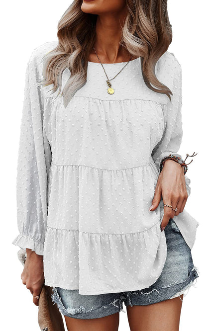 Women Clothes Spring Autumn Loose Chiffon Shirt Long Sleeve round Neck Ruffle Top Babydoll