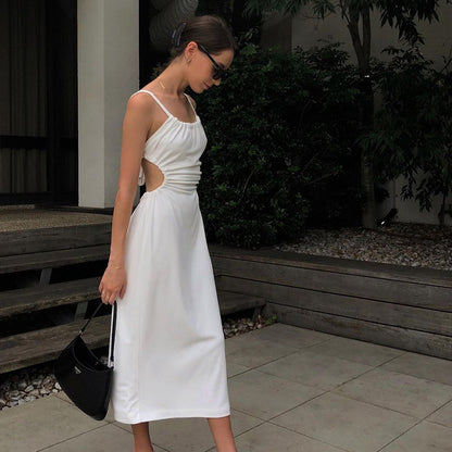 off-Neck Slim Strap Mid-Length Backless Dress