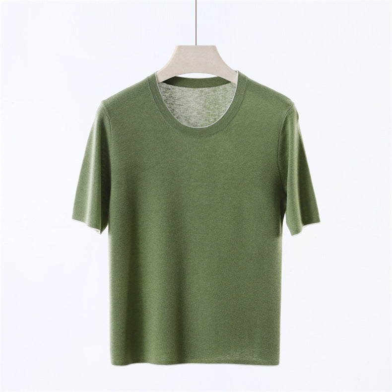 Neckline Cuff Color Matching Extrafine Wool Knitwear Spring Summer Casual Women Top Bottoming Shirt Inner Wear