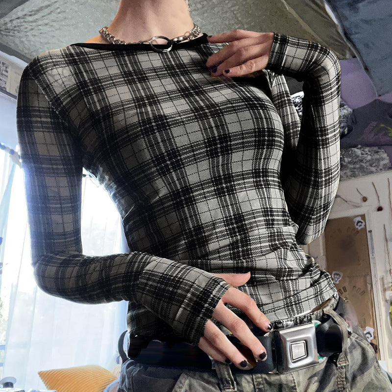 Sweet Spicy Retro Black Gray Color Matching Plaid See through Slim Fit Short Mesh T shirt Autumn Personality Slim Fit Top