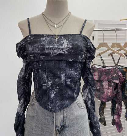 Real Shot off Shoulder Spaghetti Straps Long Sleeve Top Sexy Cold Shoulder Mesh Stitching Tie Dye Printed Short T shirt