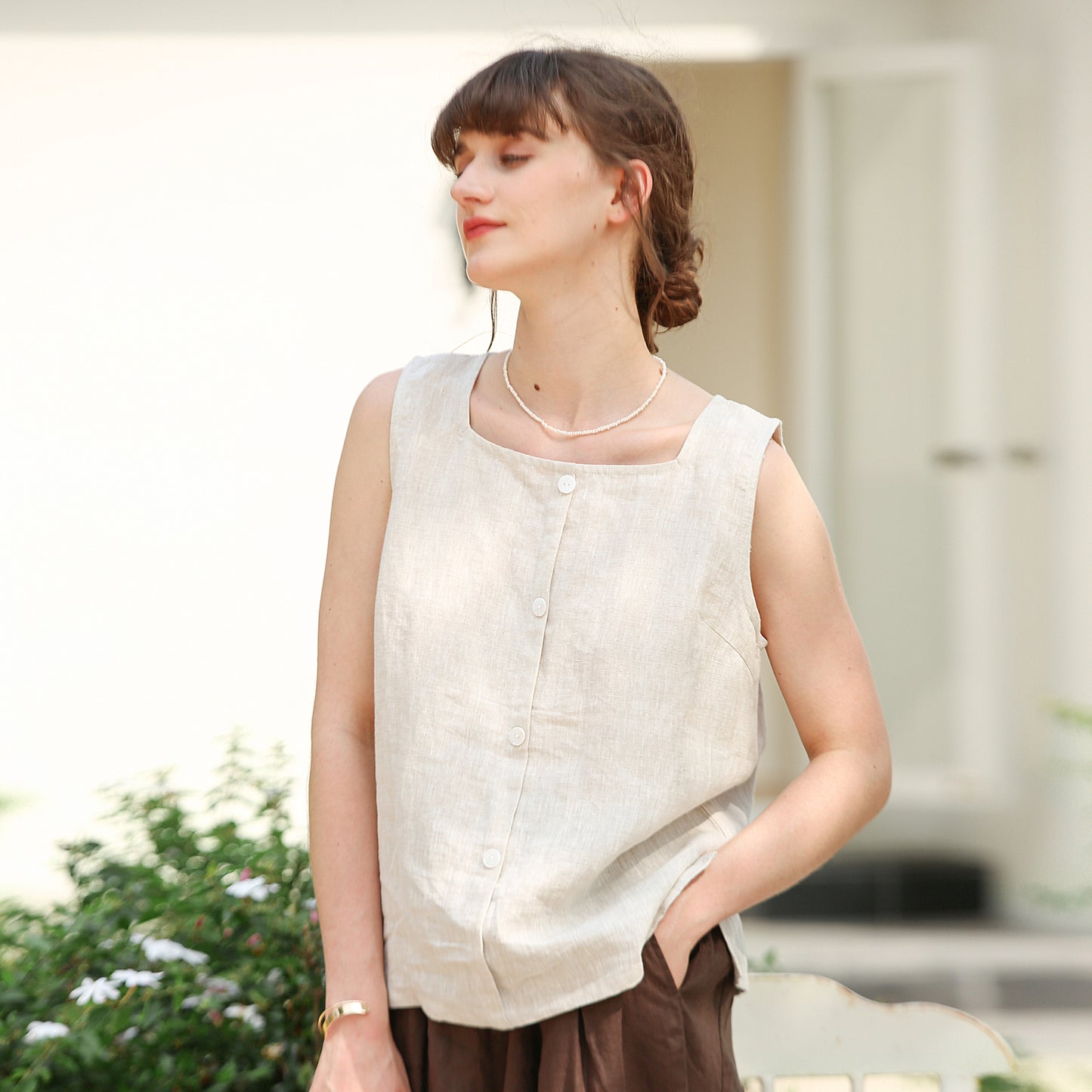 Summer Pure Linen Square Collar Camisole Women French Loose Breathable Single Row Button Design Sleeveless Top