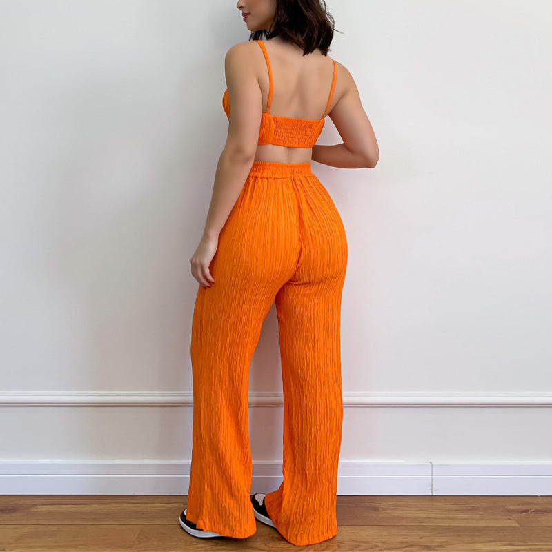 Summer Women Solid Color Sleeveless Cropped Outfit Sexy Trousers Women Two Piece Set