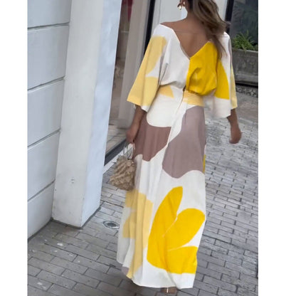 Women Clothing Spring Summer V neck High Waist Dress Printing Women