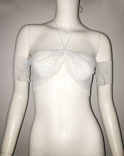 Ropa de mujer Top de rejilla con diamantes de imitación, ropa Sexy para Festival de Música, Top ajustado sin tirantes con diamantes de imitación picantes dulces