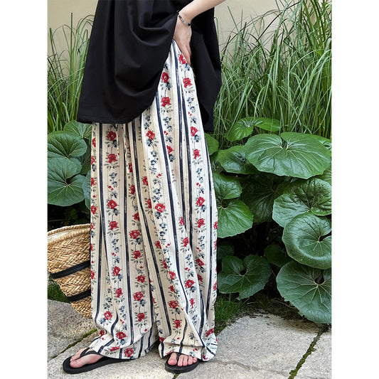 Summer Cool Floral Pants Women Korean Slimming Vacation Casual Pants Wide Leg Pants