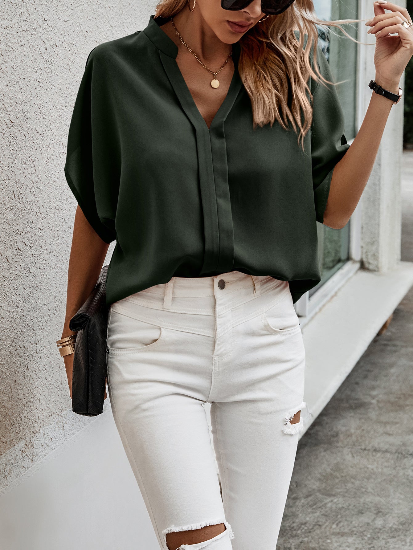 Sources Summer Solid Color V neck Casual Short Sleeved Top