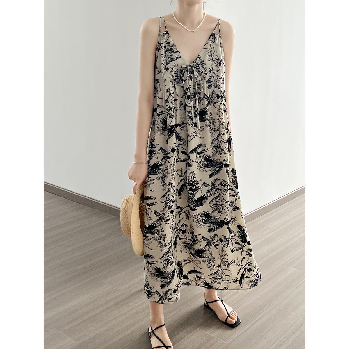 Ink Painting Printed V neck Cami Dress Summer Lazy Wind Long Floral Dress