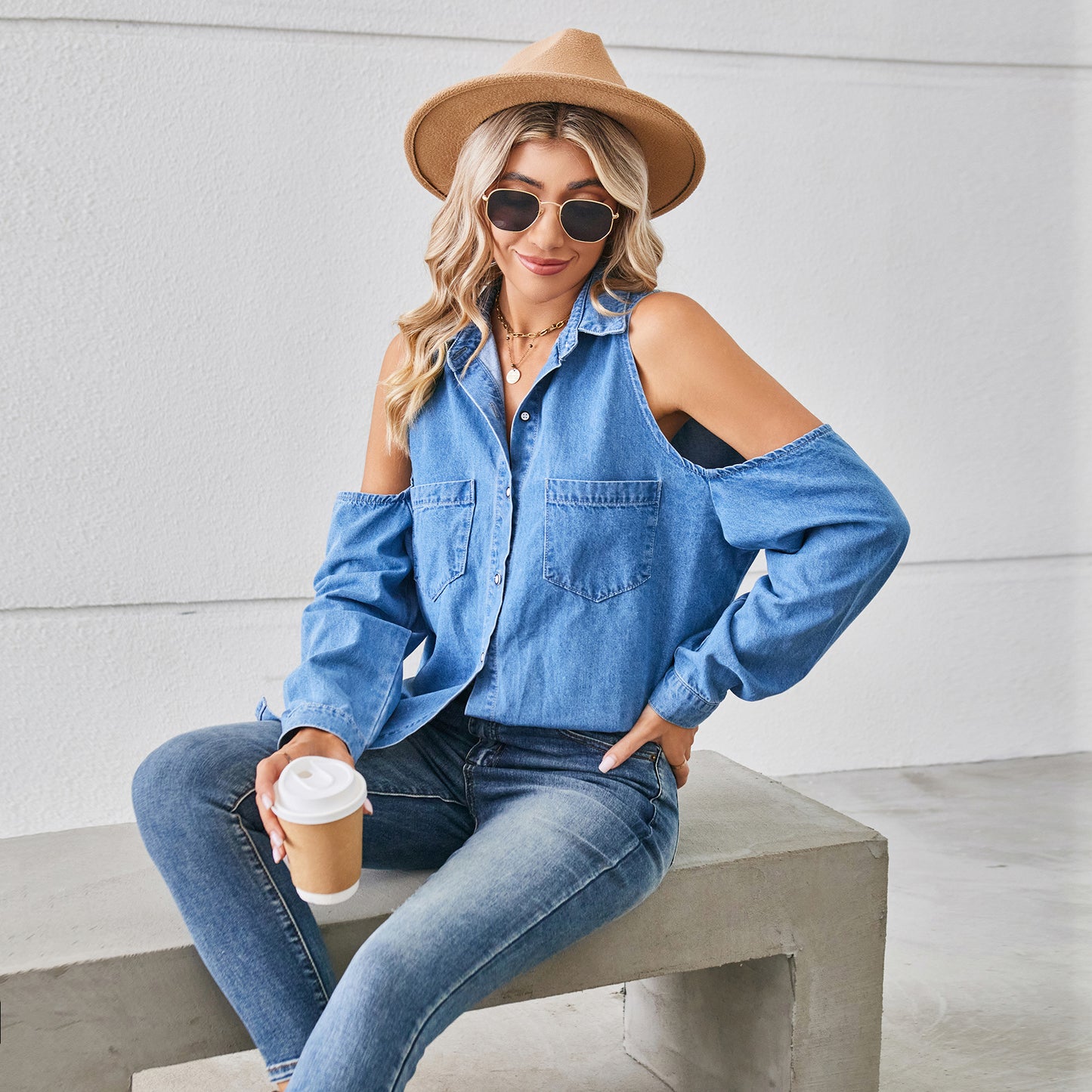 Sexy Casual Washed off the Shoulder Hollow Out Cutout Denim Long Sleeve Shirt Top Women