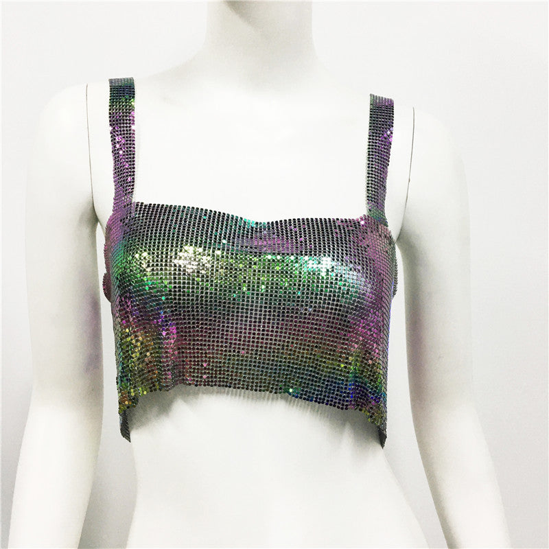 Women Clothing Metal Sequ Vest Sexy Party Nightclub Sweet Spicy Sequin Sling