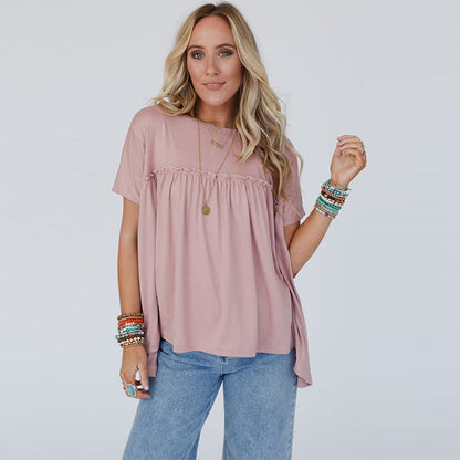 Solid Color Loose Short Sleeved Top Women Summer Ruffled Casual round Neck Simple T shirt Women