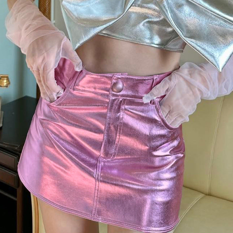 Metallic-beschichteter Stoff, hohe Taille, beschichtet, schmale Passform, sexy Rock für Damen, Sommer, trendiger, lässiger, passender Rock