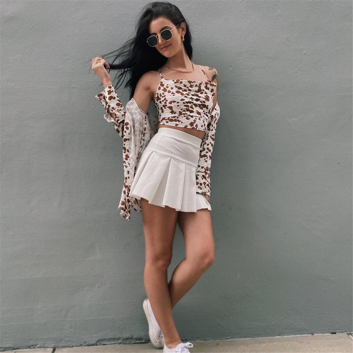 Women Clothing Fashion Shirt Leopard Print Long Sleeve Plus Size Shirt Two-Piece Set