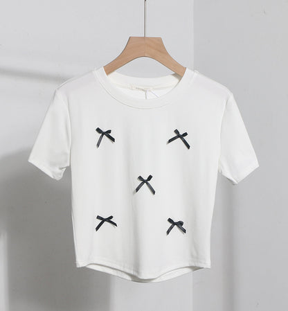 Real Shot Short Sleeved T shirt Summer Three Dimensional Bow Slim Short round Neck Top