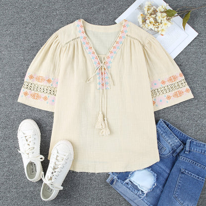 Spring Summer Women New Embroidered Loose Slimming Top Women Overseas