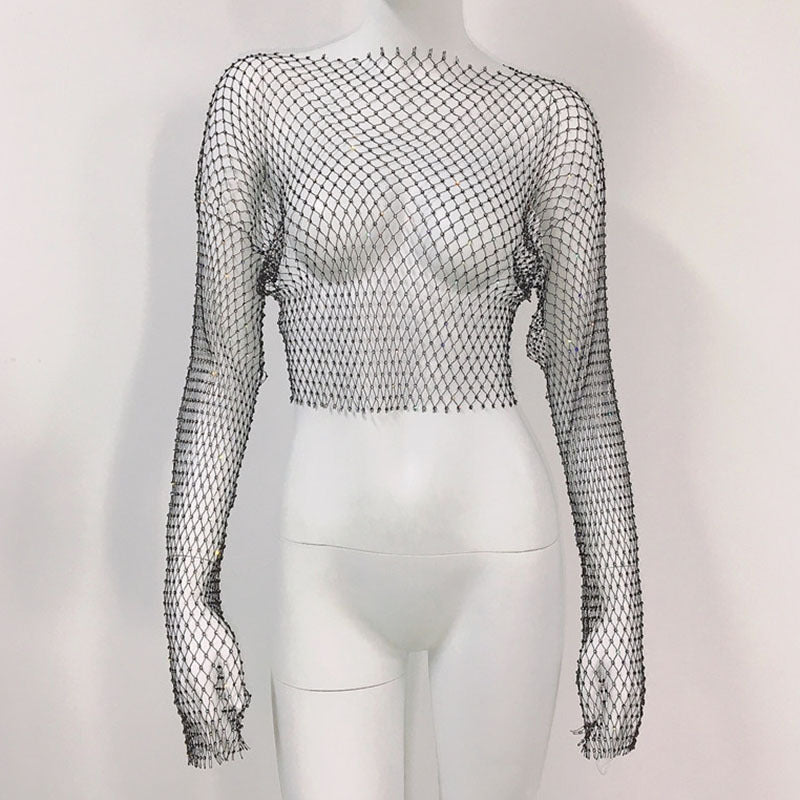 Fishnet T-Shirt Mesh Strass Langarm Top Sexy Strass Fishnet Kleidung Damen