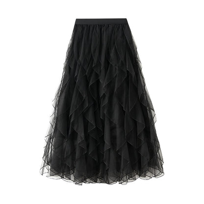 Autumn Wave Pattern Fairy Mesh Ruffled Skirt High Waist A line Large Hem Long Skirt Women Skirt