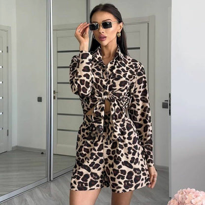 Sommer Frauen Leopard Print Langarm Strickjacke Shirt Frauen Shorts Frauen Zwei Stück Set