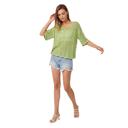 Spring Summer Round Neck Pullover Hollow Out Cutout Short Sleeve Casual Women Knitwear