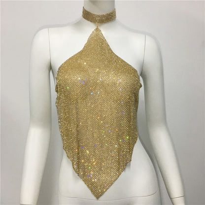 Ropa de mujer con cuello Halter y tirantes finos, ropa Sexy para discoteca, Top asimétrico Irregular con diamantes de imitación de Metal