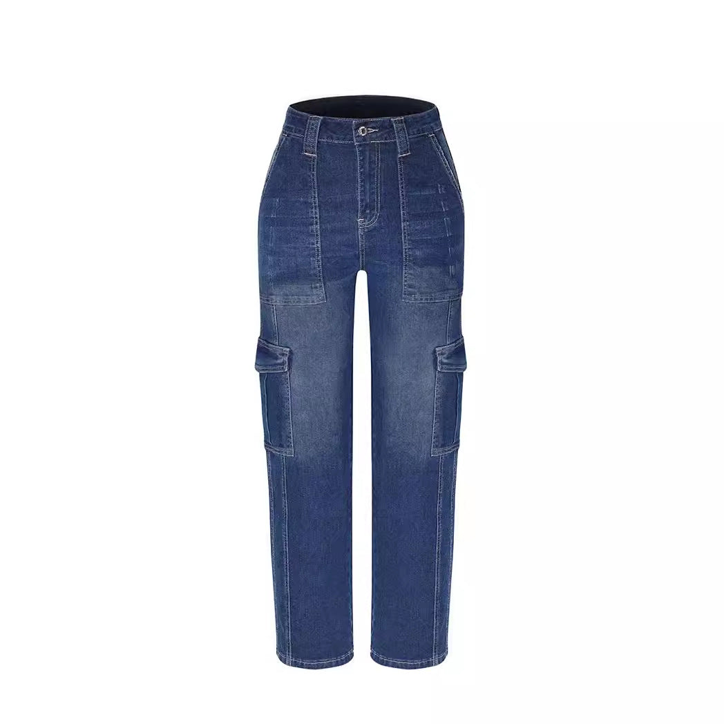 Y2g Multi Bag Jeans for Women High Waist Straight Pants Washed Loose Jeans