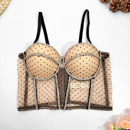 Top de encaje de lunares con cadena de diamantes de imitación y cuentas, Top de corsé de malla transparente, Top recto y sexi con corsé en la cintura, chaleco Sexy para mujer