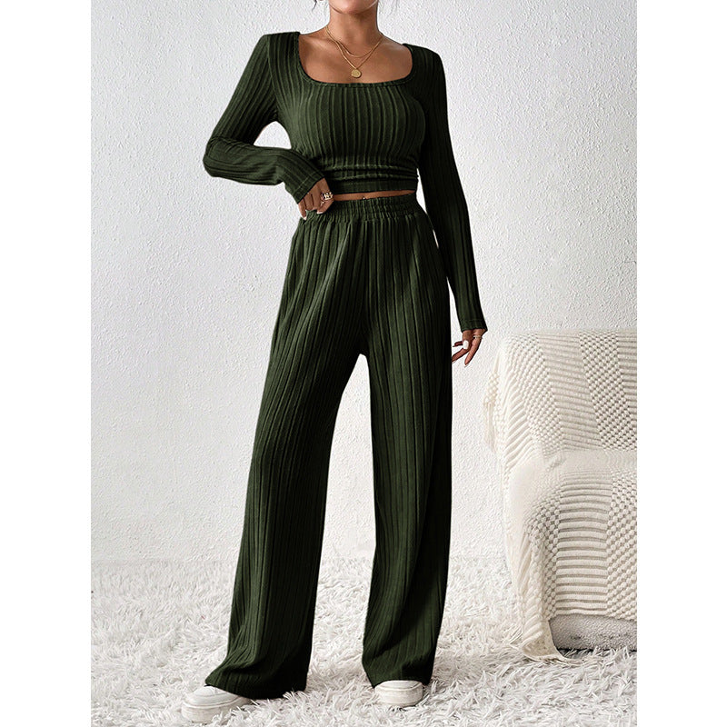 Round Neck Long Sleeve Casual Set Knitted Sunken Stripe Wide Leg Pants Sets for Women