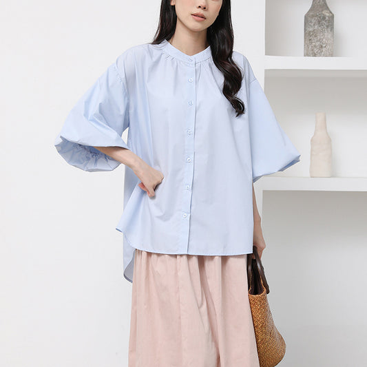 Japanese Short-Sleeved Shirt Women's Summer All-Matching Lazy Loose Puff Sleeve Solid Color Shirt