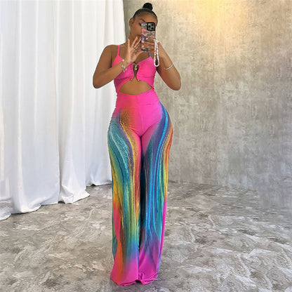 Women Summer Sexy Tight Backless Contrast Color Low Cut Sling High Waist Jumpsuit