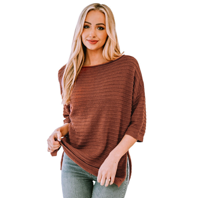 Solid Color Woolen Jacquard T-shirt for Women Spring Summer Loose round Neck off-Shoulder Lazy Pullover for Women