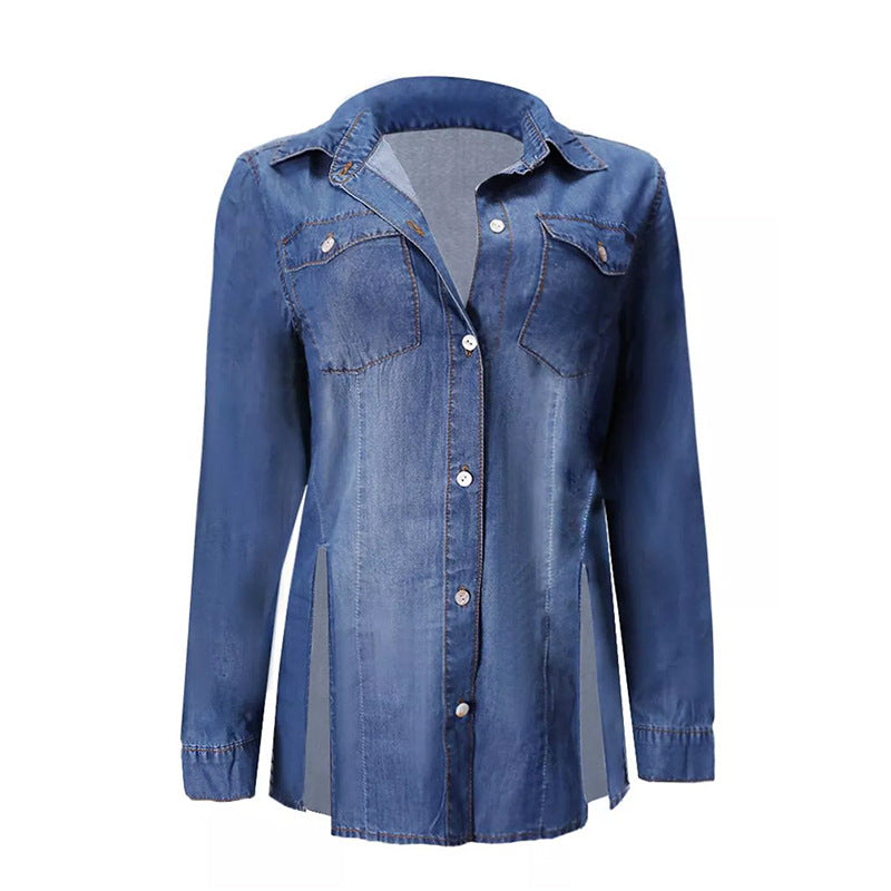 Women Denim Shirts Button Roll Sleeve Split Hem Denim Shirt for Women