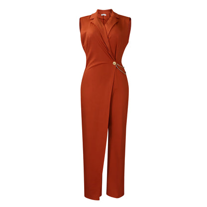 Damen Kleidung Elegant Elegant Anzug Kragen Enge Taille Kette Locker Weites Bein Jumpsuit