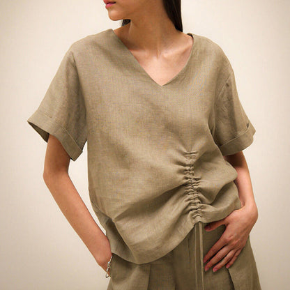 Linen Solid Color V neck Short Sleeved T shirt Summer Drawstring at Hem Idle Office All Matching Top Women Clothing